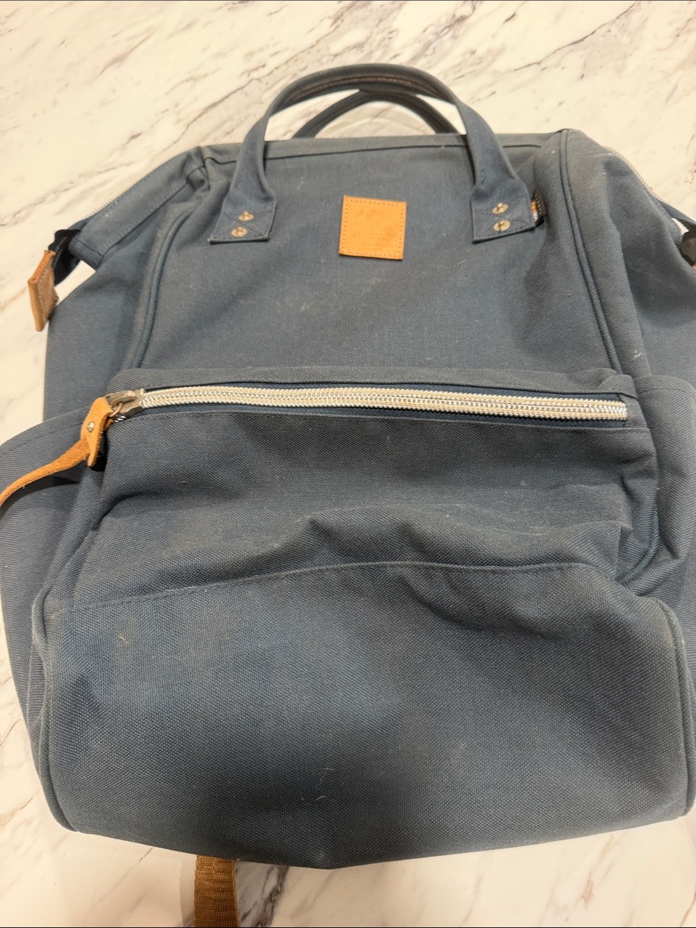 Navy Canvas Baby Backpack with Tan Accent Detailing